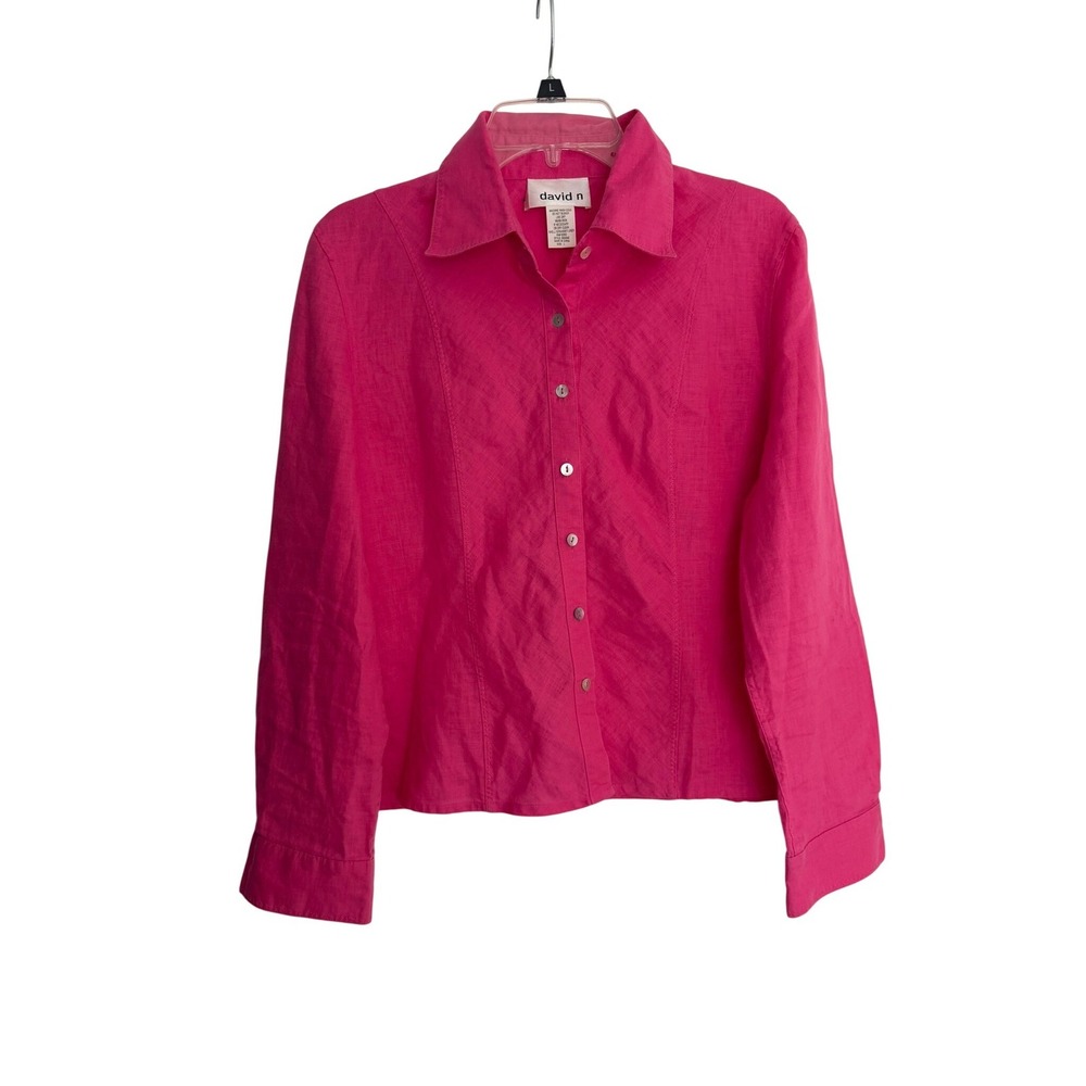 David N Hot Pink 100% Linen Button Down Shirt Long Sleeve Tailored Blouse Large